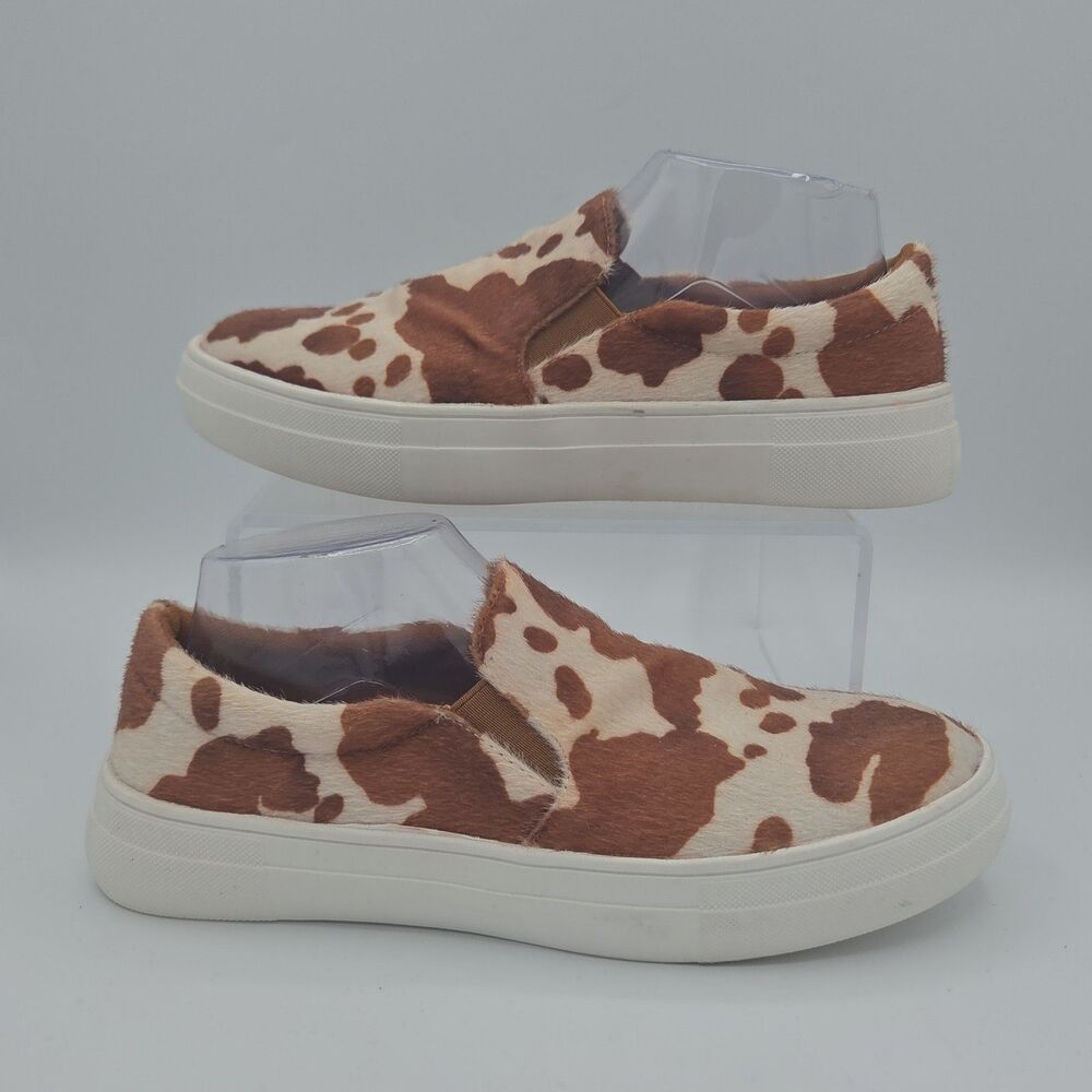 Matisse Womens Size 8.5 Brown White Cow Print Faux Hair Slip On Sneaker Shoes